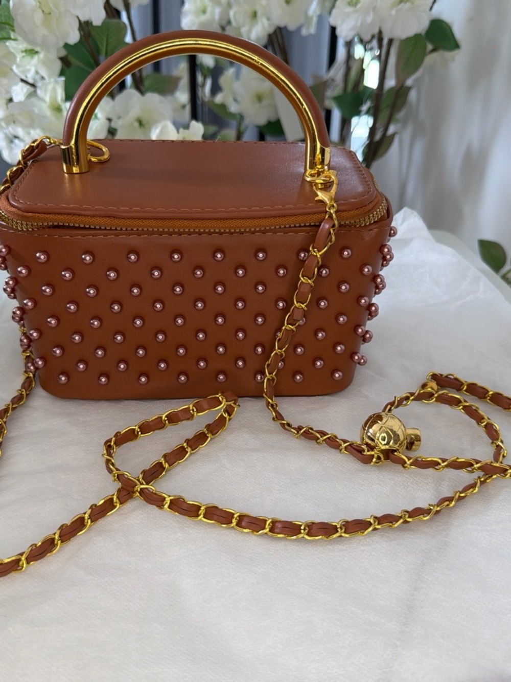 Brown Pearl-Studded Leather Crossbody Bag with Gold Chain